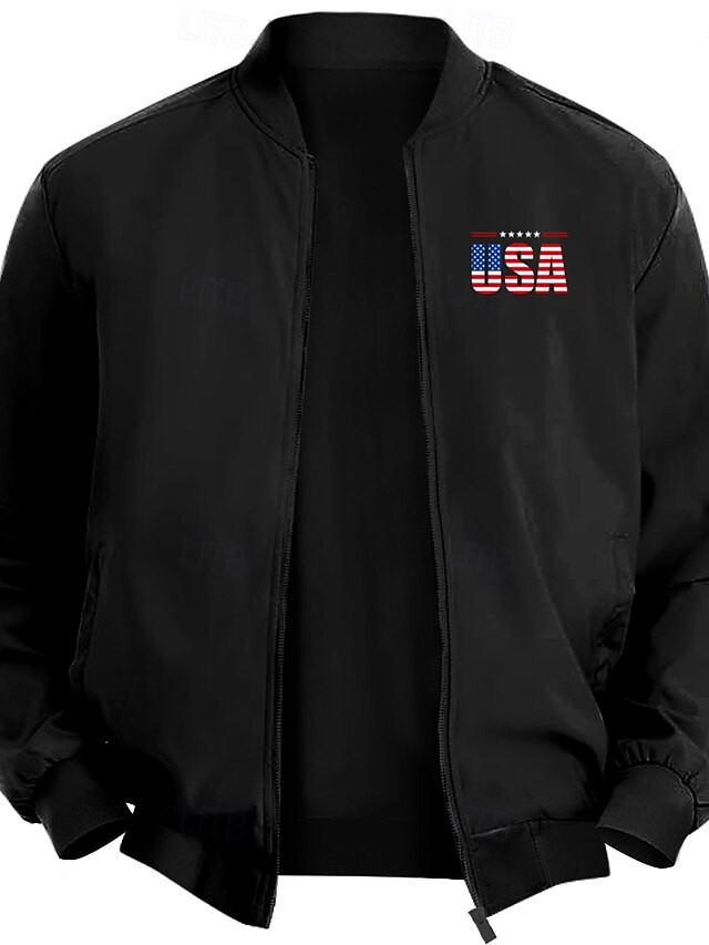 American US Flag USA Casual Men's Bomber Jacket Coat Sports Outdoor Daily Wear Side Pockets Zip
