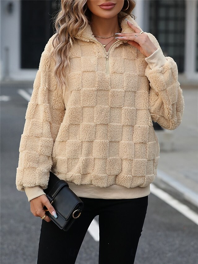 Women's Sweatshirt Casual Sherpa Fleece Plain Street Dailywear Turtleneck Zipper Long Sleeve Beige Fall Winter 8