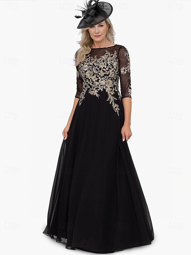  TS A-Line Dress Mother of the Bride Dress Elegant Jewel Neck Floor Length Chiffon Half Sleeve with Appliques Color Block 2024 free custom size