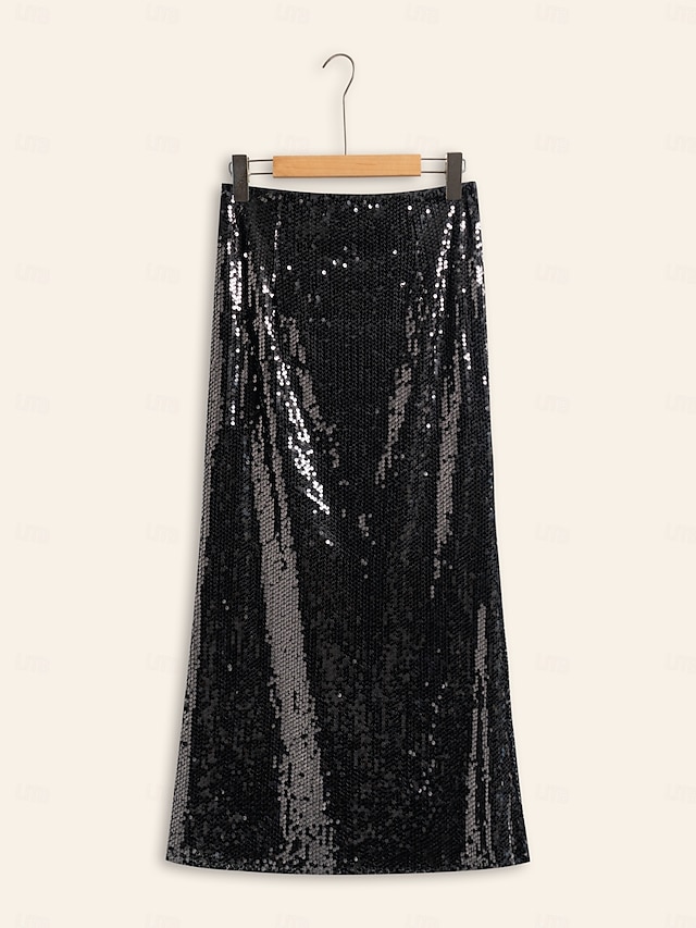  Femme Midi Noir Jupes Printemps, Août, Hiver, Eté Paillettes Doublé Taille médiale Elégant Rétro Vintage Soirée Formel Mariage Soirée XS S M