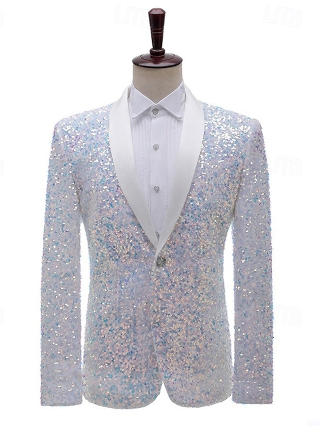  Men's Blazer Jacket Tuxedo Party Sparkle Sequin Polka Dot Blazer Black White Green Standard Fit Single Breasted One-button