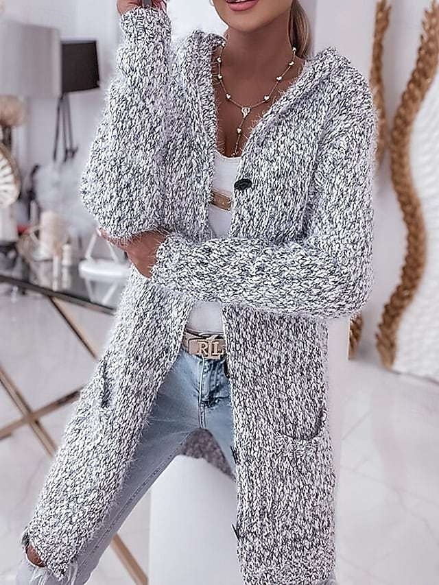 Women's Cardigan Fashion Streetwear Daily Solid Color Open Front Knitted Textured Long Sleeve Long Tops Knit Work Weekend Gray Fall Winter 7