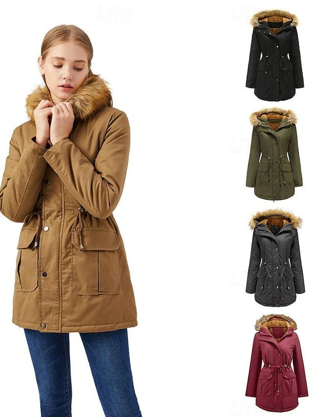Women's Coat Warm Breathable Zipper Buttons Pocket Casual Solid Color Vacation Street Daily Wear Going out Zipper Regular Hoodie Regular Fit Long Sleeve Outerwear Black Wine Khaki Fall Winter 10