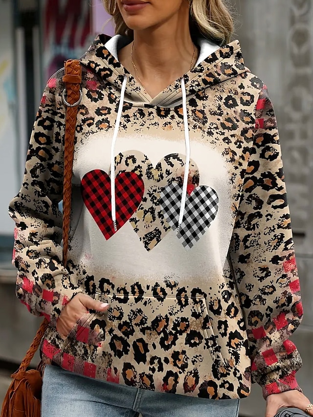  felpa con cappuccio da donna cuore leopardo strada abbigliamento quotidiano tasca stampa casual felpa con cappuccio manica lunga micro-elastico autunno inverno confortevole traspirante tessuto morbido