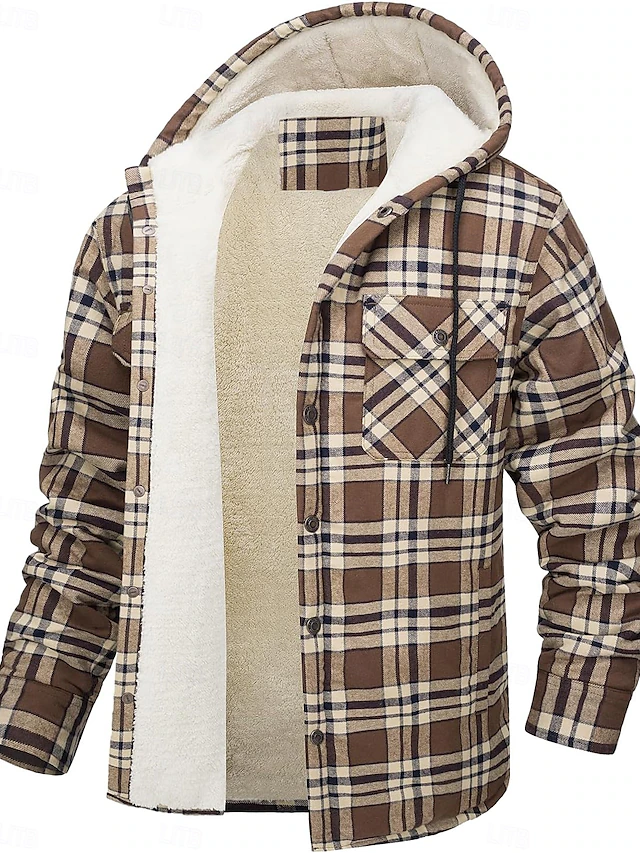 Men's Shirt Jacket Hoodied Jacket Shacket Flannel Fleece Jacket Outdoor Daily Wear Warm Pocket Hooded Fall Winter Plaid Checkered Fashion Streetwear Lapel Regular Black Red Navy Blue Royal Blue Orange 40