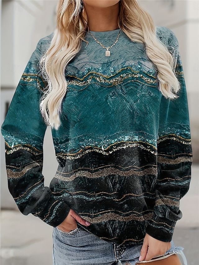  Damen-Sweatshirt, Farbblock, Street-Style, Print, lässig, Rundhalsausschnitt, lange Ärmel, mikroelastisch, Herbst/Winter, bequem, atmungsaktiv, weicher Stoff
