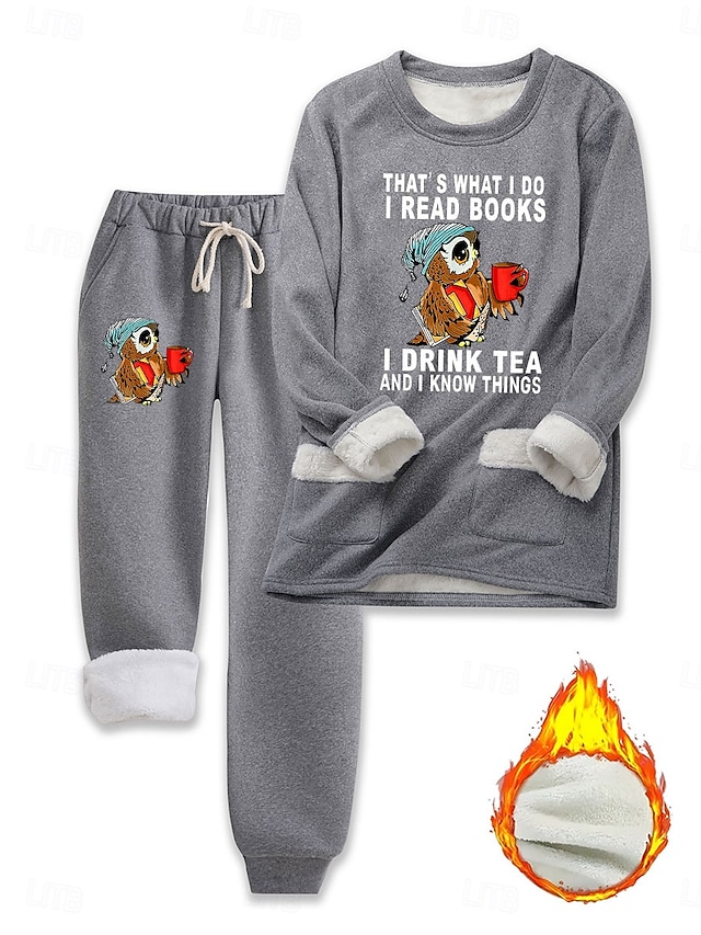  Kvinnors 2 delar Fluffig Pyjamadress Lång ärm Topp och Byxa Text Tryck Komfort Casual Hemma Kläder Dragsko Solid Cozy Vinter