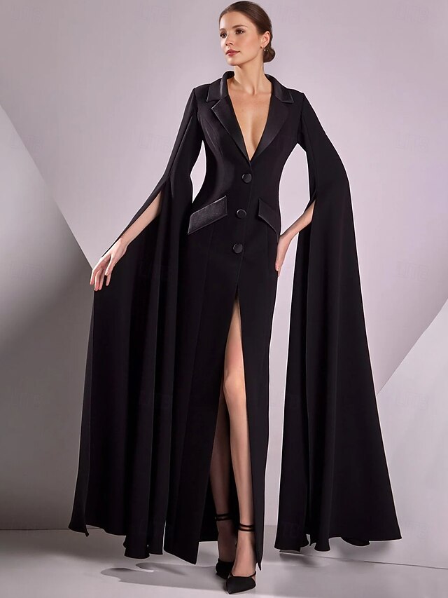 Tuxedo Dress Sheath Formal Satin Elegant Black Dress 3/4 Sleeve Pleated Ankle Length Split Thigh Notched Lapels Single Breasted4