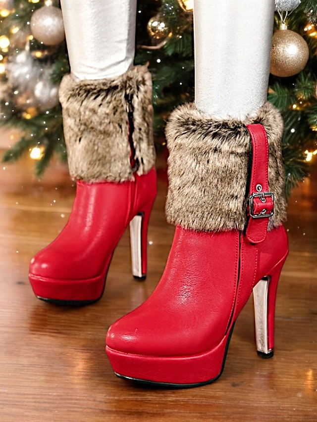  női piros magassarkú szőrme díszítésű karácsonyi csizma platform és csat részlettel – ünnepi téli ünnepi cipő