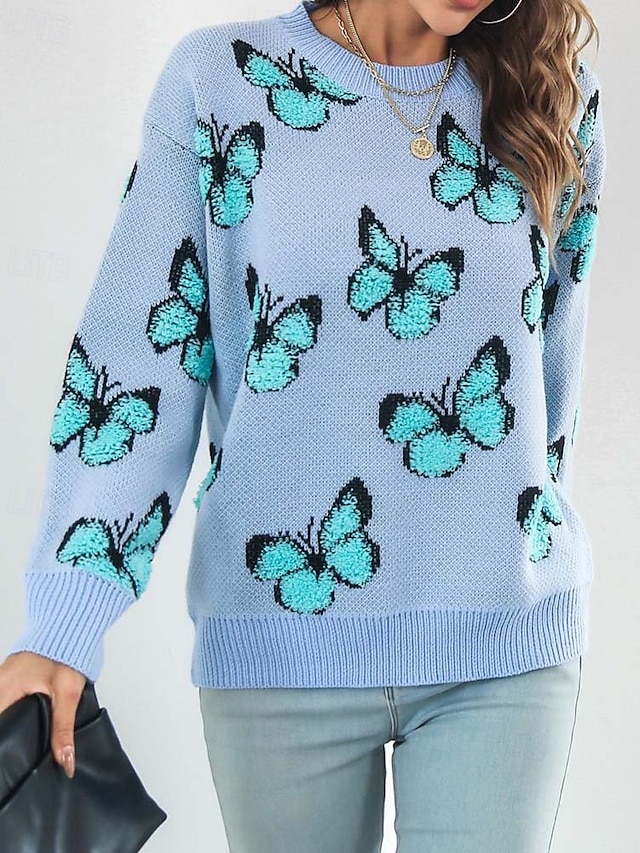  Damen Pullover Modisch Kuschelig Strassenmode Graphic Bedruckt Rundhalsausschnitt Strick Langarm Normale Oberteile Stricken Arbeit Wochenende Blau Orange Herbst Winter