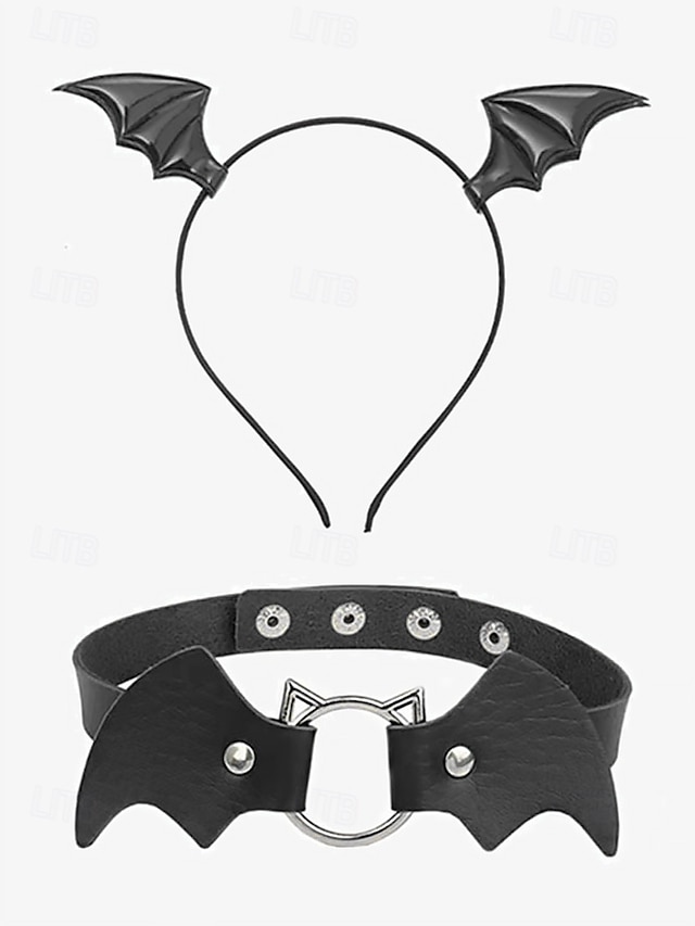  Sada čelenky s netopýřím křídlem a gotického koženého chokeru – kostýmní doplňky s halloweenskou tématikou pro ženy, ideální pro cosplay a party outfity