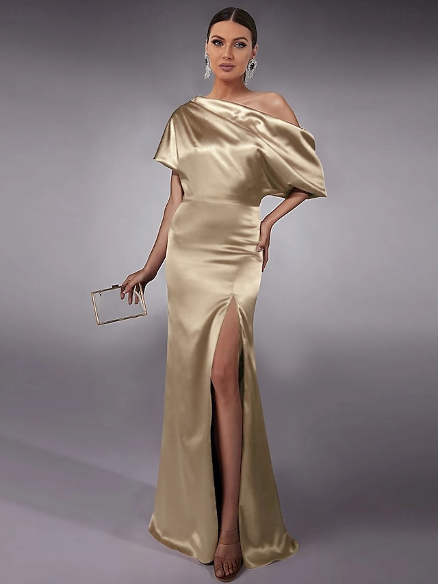  Šaty Střihu Večerní Šaty Elegantní Šaty Formální Dlouhá Délka Bez Rukávů Off Shoulder Satén s Rozparkem