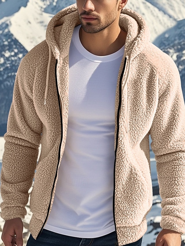  Men's Fleece Jacket Teddy Coat Hoodie Jacket Daily Vacation Thermal Warm Pocket Fleece Fall & Winter Plain Fashion Streetwear Hooded Regular Black Navy Blue Khaki Gray Jacket