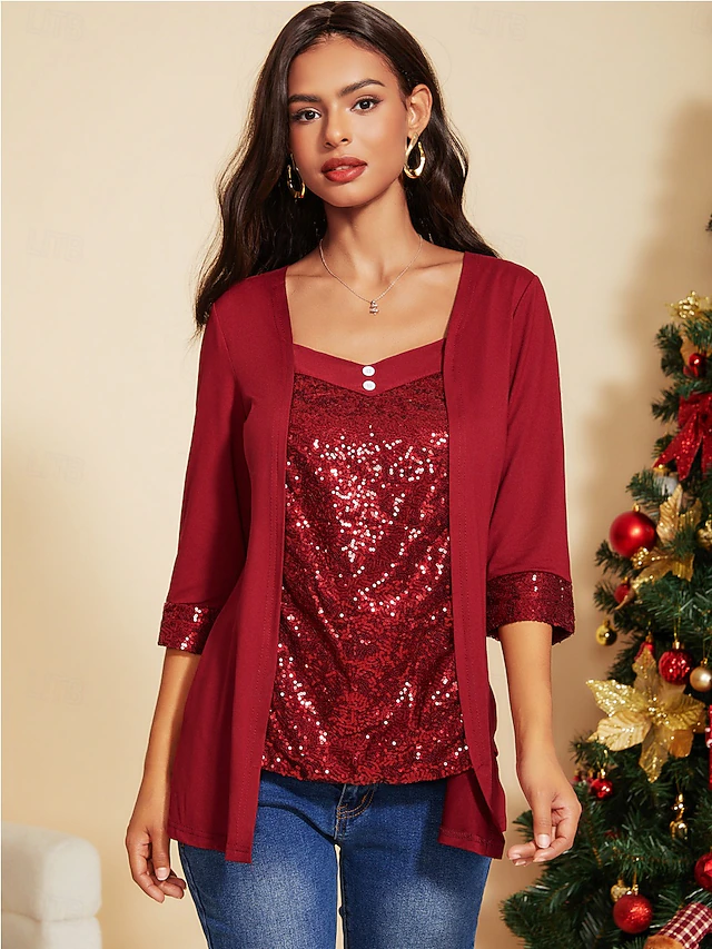 Women's Tunic Blouse Solid Color Daily Casual Long Sleeve V Neck Red Spring Fall 7