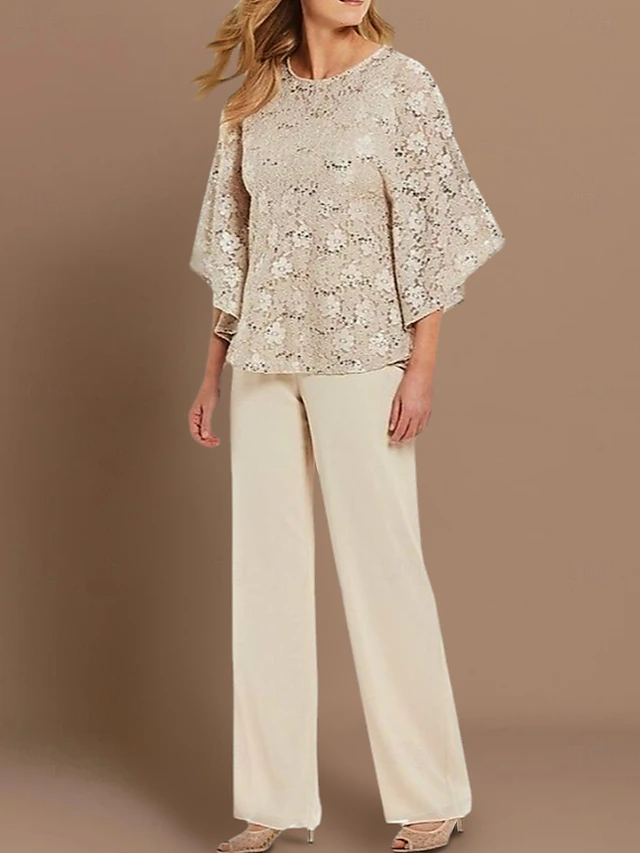 Two Piece Pantsuit Mother of the Bride Formal Wedding Guest Church Elegant Jewel Neck Floor Length Chiffon Lace 3/4 Length Sleeve with Embroidery 8