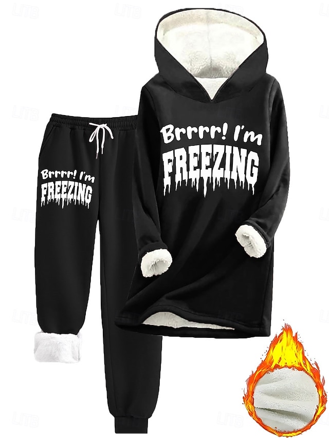  Women's 2 Pieces Fleece Lined Two Piece Set Hoodie and Pant Letter Warm Comfort Soft Home Daily Bed Fleece Warm Breathable Crew Neck Long Sleeve Pullover Pant Elastic Waist Fall Winter
