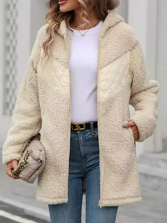 Women's Fleece Jacket Teddy Coat Hoodie Jacket Warm Breathable Zipper Pocket Fleece Lined Casual Plain Vacation Street Daily Wear Going out Zipper Regular Hoodie Regular Fit Long Sleeve Outerwear 10