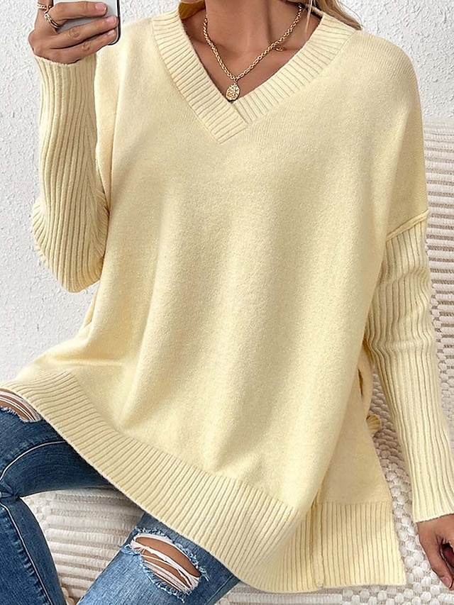  Femme Pull Chandail Elégant Mode du quotidien Couleur unie Col V Tricoté manche longue Hauts longs Tricoter Travail Noir Jaune Automne Hiver