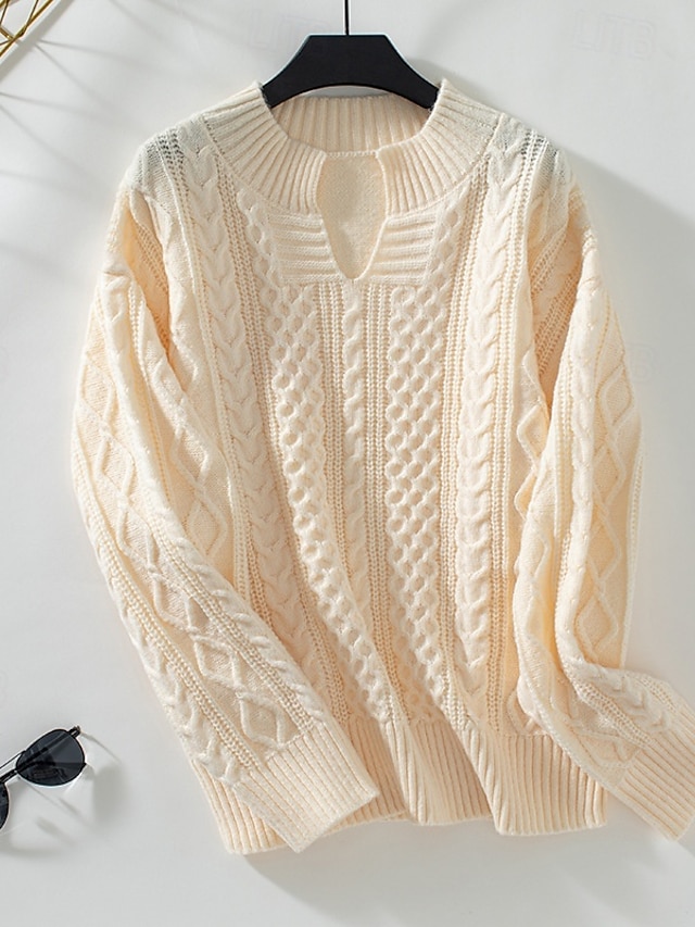  Dame Bluse Elegant Årgang Mode Helfarve Kabel Rund hals Strikket Langærmet Lange toppe Strikke Arbejde Brun Kakifarvet Efterår Vinter