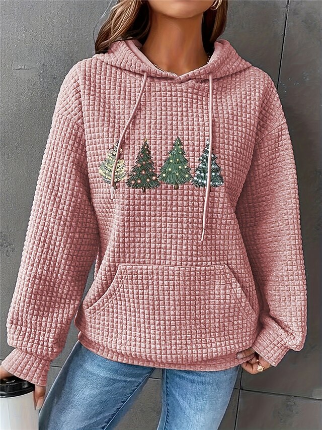  luvtröja dam rosa träd grafisk ledig tröja texturerad långärmad höst vinter känguruficka dragsko avslappnad passform utomhusbaser
