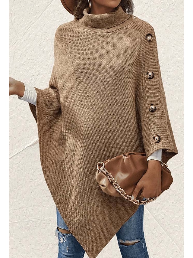 Women's Cape Daily Casual Solid Color Turtleneck Knitted 3/4 Length Sleeve Regular Tops Knit Formal Outdoor Work Pink Brown Fall Winter 7