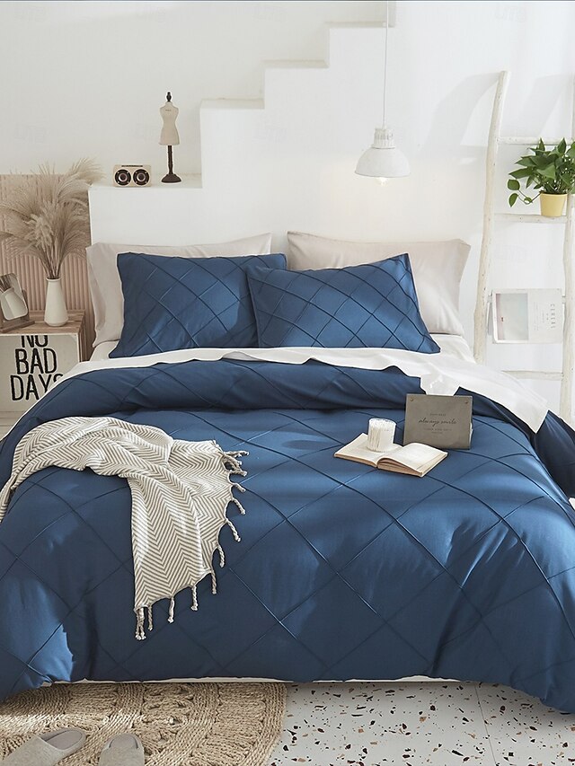  capa de edredom tufada em grade, conjunto de cama com textura boho, 3 peças, capa de edredom com padrão geométrico de losangos jacquard com amarras de canto &fecho de zíper tamanho queen