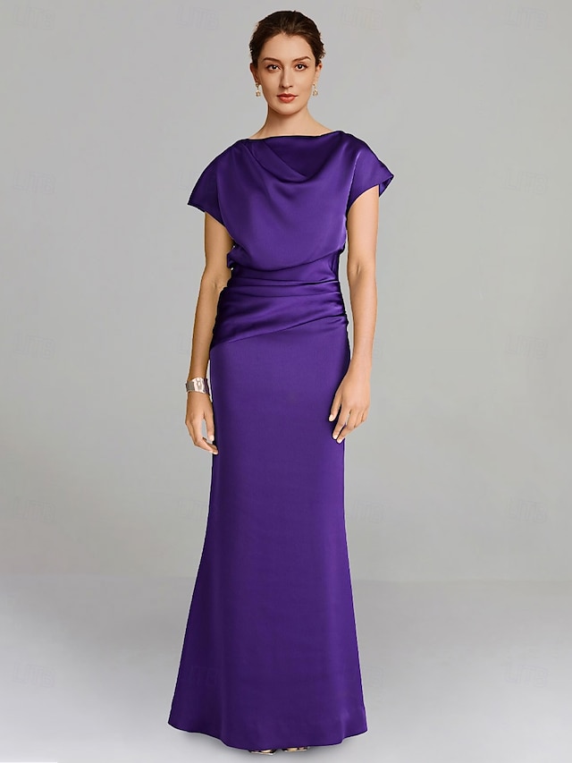  Robe fourreau robe mère de la mariée robe formelle élégante épaule dénudée longueur sol satin manches courtes avec froncés couleur unie taille personnalisée gratuite