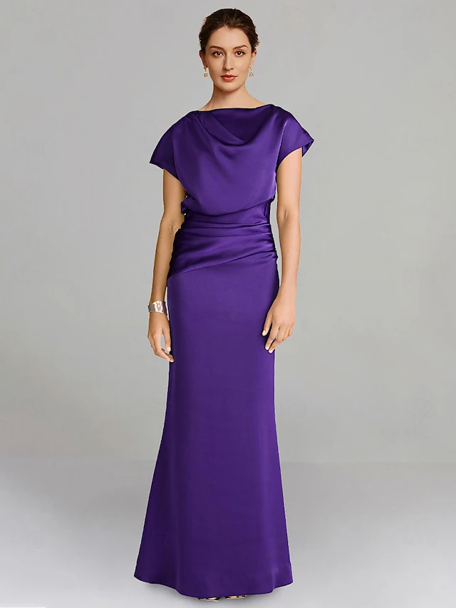 Sheath Dress Mother of the Bride Dress Formal Elegant Off Shoulder Floor Length Satin Short Sleeve with Ruched Solid Color 5