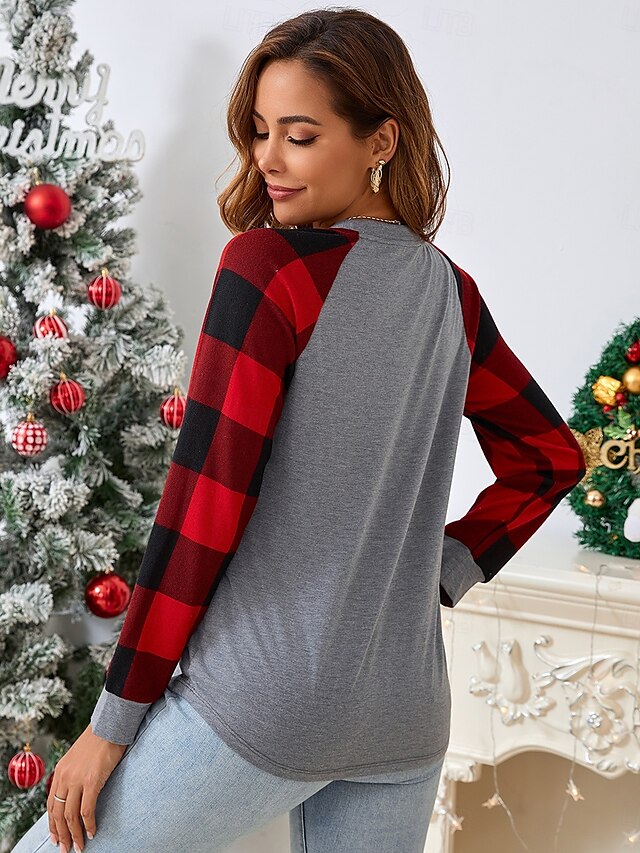  Damen T-Shirt Weihnachten Alltag Casual Langarm Grau Herbst Winter