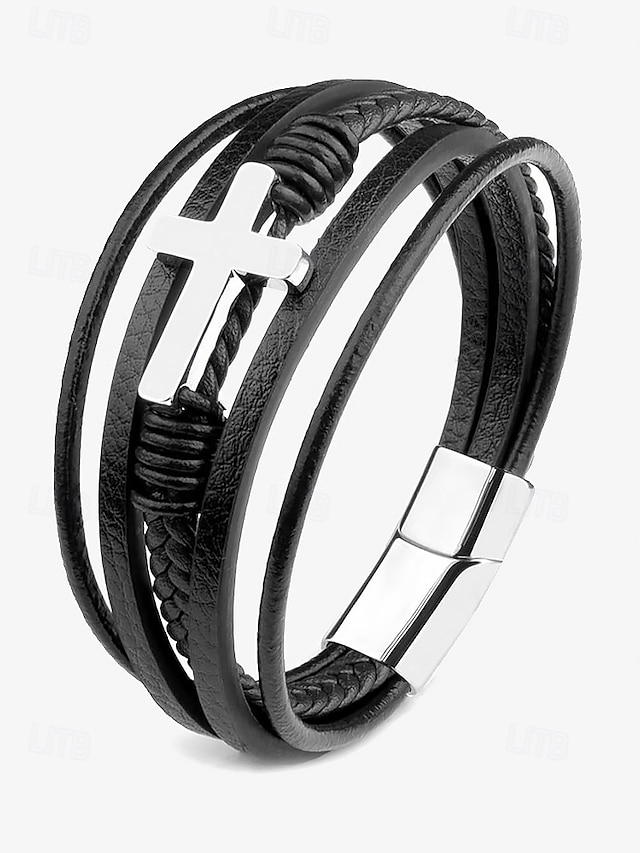  svart skinnarmbånd for menn med sølvkors – kristent religiøst armbånd, justerbar magnetlås