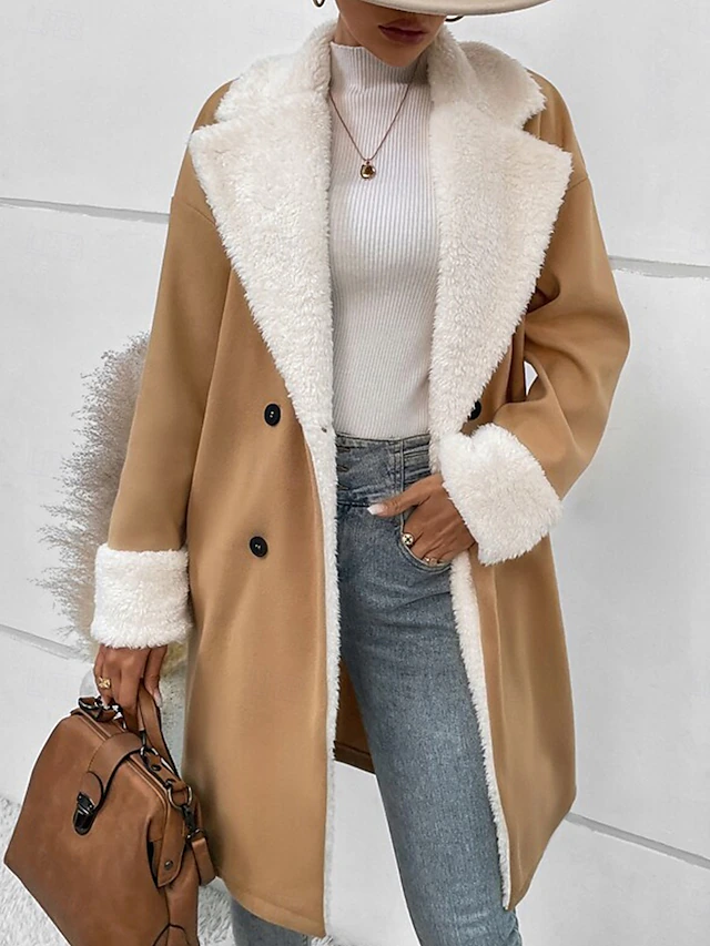 Women's Winter Coat Teddy Coat Windproof Warm Buttons Fur Collar Elegant Outdoor Solid Color Work Casual Double Breasted Turndown Loose Fit Long Sleeve Outerwear Khaki Fall Winter 6