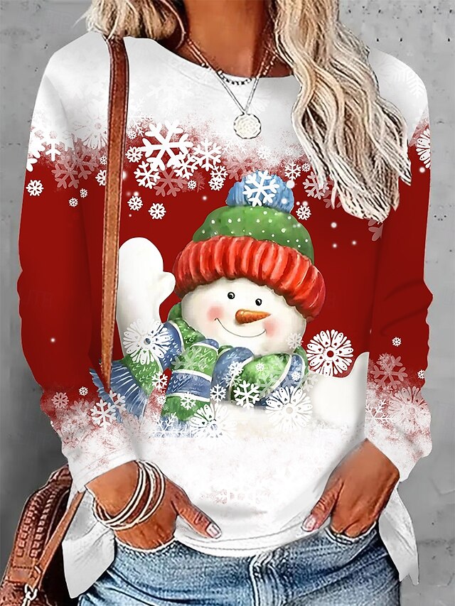 Women's T shirt Crew Neck Long Sleeve Tunic Holiday Sweatshirt Snowman Print Color Block Red White Winter Party Casual Pullover Festive Clothing Apparel 8
