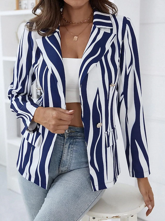 Women's Blazer Casual Work Stripe Stylish Regular Fit Outerwear Long Sleeve Spring Blue 7