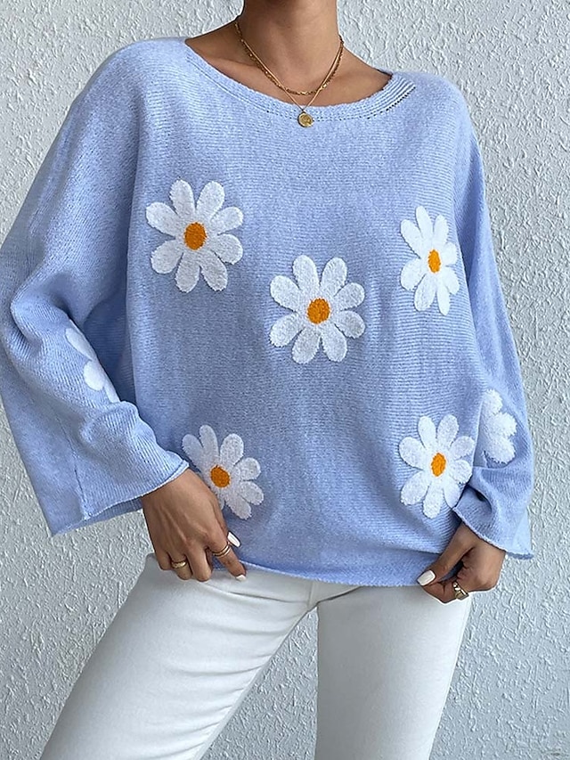 Women's Sweater Daily Casual Floral Graphic Print Crew Neck Knitted Long Sleeve Long Tops Knit Home Work Daily Pink Blue Fall Winter 10