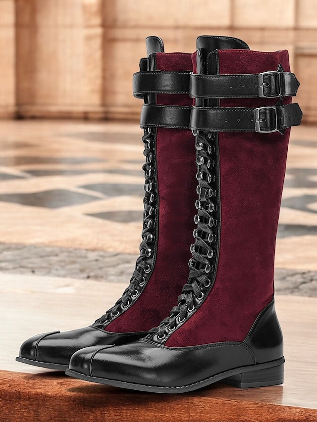  botas femininas de camurça sintética bordô e couro sintético preto com cadarço na altura do joelho – design de inspiração vintage com tiras de fivela dupla, perfeitas para uso casual e formal