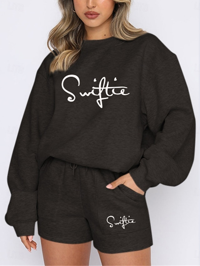  Damen Modisch Strassenmode Täglich Pullover Sweatshorts Kurze Hose Langarm Rundhalsausschnitt Glatt Kordelzug Bedruckt Casual Täglich Schwarz Weiß Blau Herbst Regular Fit