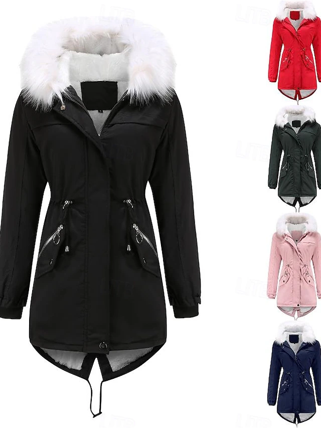 Women's Winter Coat Windproof Warm Zipper Outdoor Solid Color Work Casual Zipper Hoodie Loose Fit Long Sleeve Outerwear Navy Black Pink Winter 5