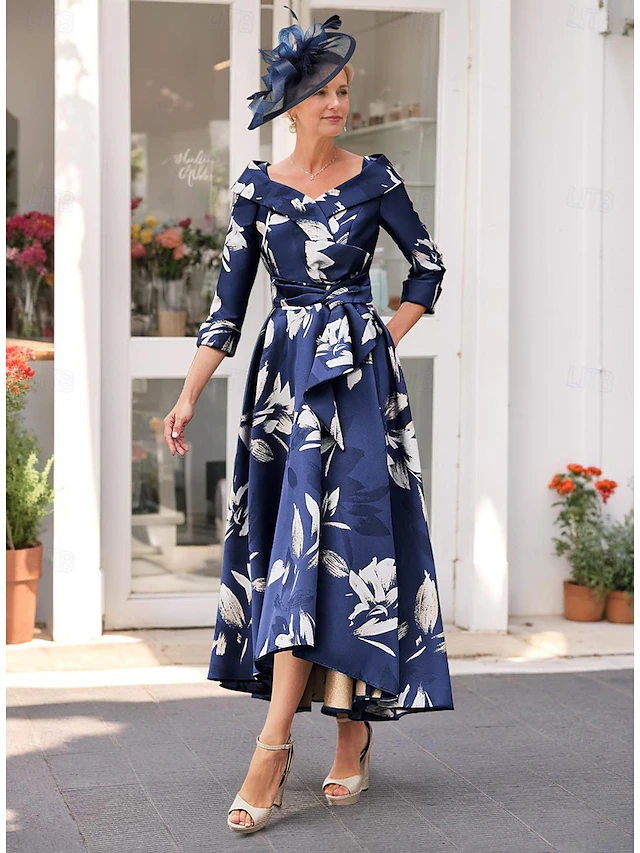 A-Line Mother of the Bride Dress Elegant V Neck Tea Length Satin 3/4 Length Sleeve with Sash / Ribbon Wedding Guest Dress 6