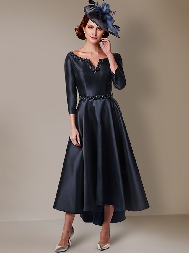  A-Linie Kleid Brautmutterkleid Elegantes Hoch-Tief Juwelenausschnitt Asymmetrisch Tee-Länge Satin 3/4-lange Ärmel mit Schleifen/Bändern Falten Einfarbig 2025 kostenlose Anfertigung nach Maß