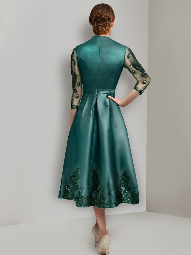 A-Line/Princess V-Neck Satin Mother of the Bride Dresses 3/4 Sleeves Tea-Length Floral Belt