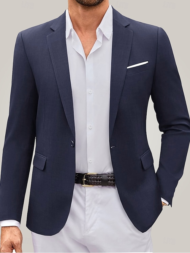  Herre Blazer jakke Bryllupsgæst Afslappet Afslappet / Hverdag Mode Afslappet Alle årstider Polyester Ensfarvet Basale Enradet Blazer Mørkegrå Sort Navyblå