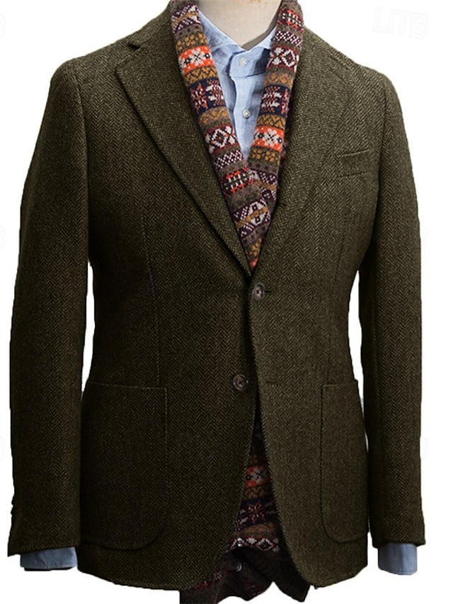  Blazer en tweed chevrons pour hommes vintage bureau grande taille coupe régulière ajustée à simple boutonnage deux boutons vert armée gris bleu noir blanc jaune