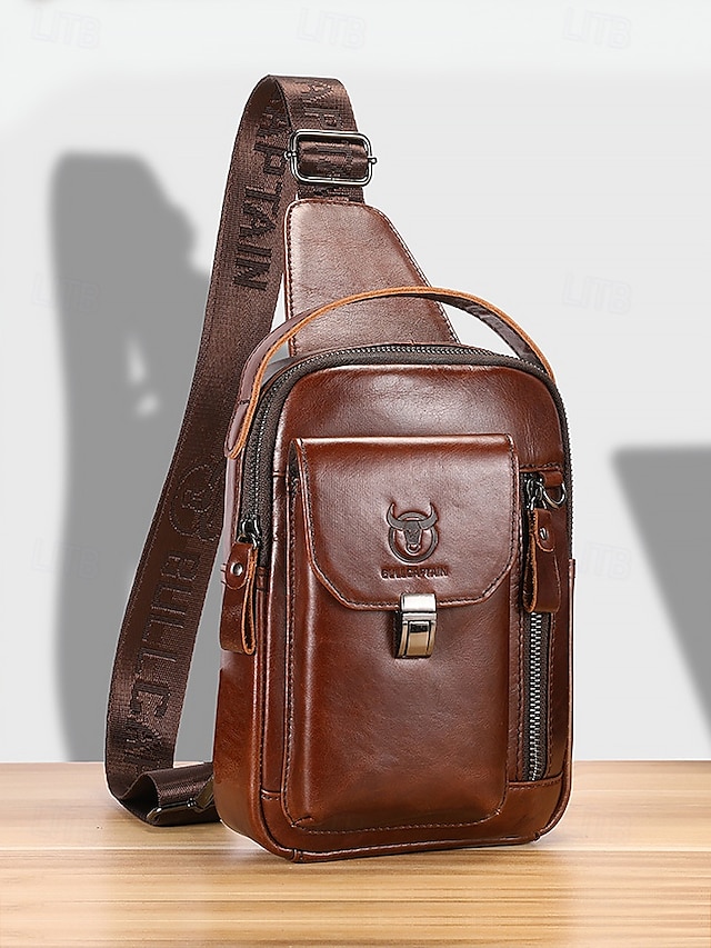  Men's Brown Leather Crossbody Sling Bag with Multiple Compartments and Adjustable Strap, Ideal for Travel and Daily Use
