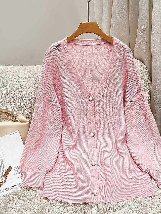 Women's Cardigan Fashion Streetwear Daily Solid Color V Neck Knitted Long Sleeve Long Tops Knit Work White Pink Fall Winter 7