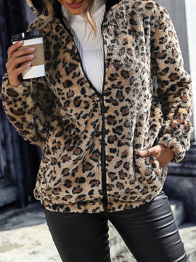  Dame Fleece-jakke Teddyfrakk Hettegenser Hold Varm Pustende Glidelås Lomme Fleece Lined Fritid Leopard Feriereise Gate Dagligdagstøy Ut på byen Glidelås Normal Hettegenser Normal Langermet Yttertøy