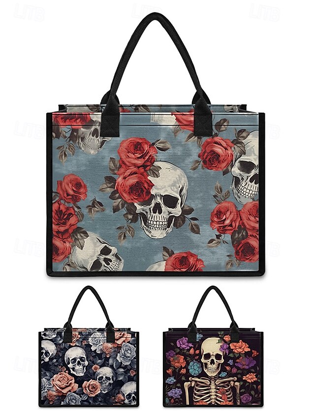  sac fourre-tout imprimé tête de mort et rose – grand sac à main gothique pour femme, design floral vintage, parfait pour Halloween ou pour un usage quotidien