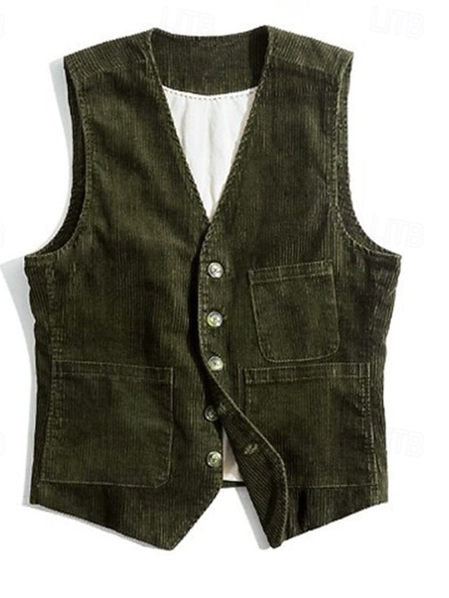  Homme Gilet du quotidien Rendez-vous Vacances Mode Décontractées Printemps & Automne Boutons Poche Polyester Velours Côtelé Confortable Plein Droit 1 bouton Col V Standard Noir Vert Véronèse Bleu de