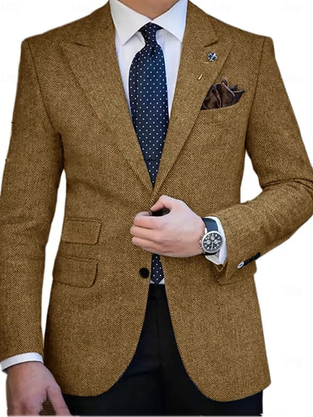  Herren Tweed Blazer Retro Vintage Fischgrätenmuster Blazer Braun Kaki Dunkelgrau Übergrössen Einreiher mit zwei Knöpfen