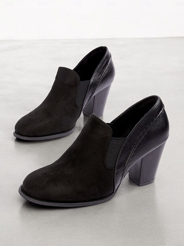 Women's Black Faux Suede Block Heel Slip-On Ankle Shoes – Comfortable and Stylish Office Pumps 10