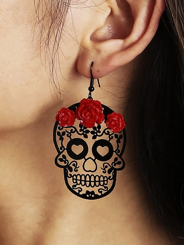  Day of the Dead Skull Earrings with Red Rose Detail – Gothic Halloween Jewelry for Women, Cosplay, and Festivals